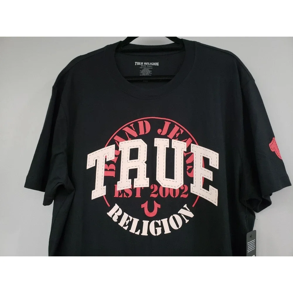 NEW LARGE True Religion Logo Stitch Mens Black Tee Tshirt Short SLeeve